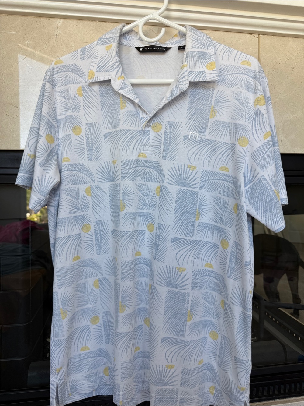 Travis Mathew White & Yellow Palm-Print Camp Polo- Men’s Large